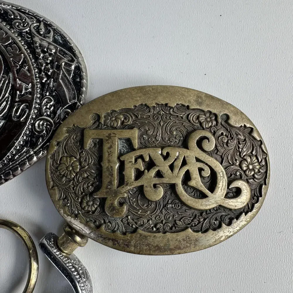 Texas Belt Buckles Lot Mens Brass Western Floral State Of Texas Key Holder